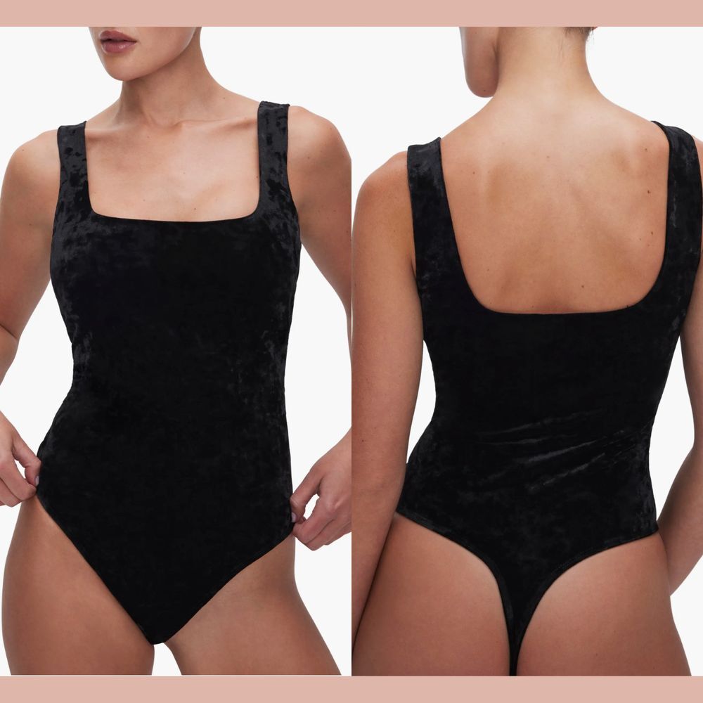 NEW $95 Good American [ XS ] Square Cut Crushed‎ Velvet Tank Bodysuit Black 6336